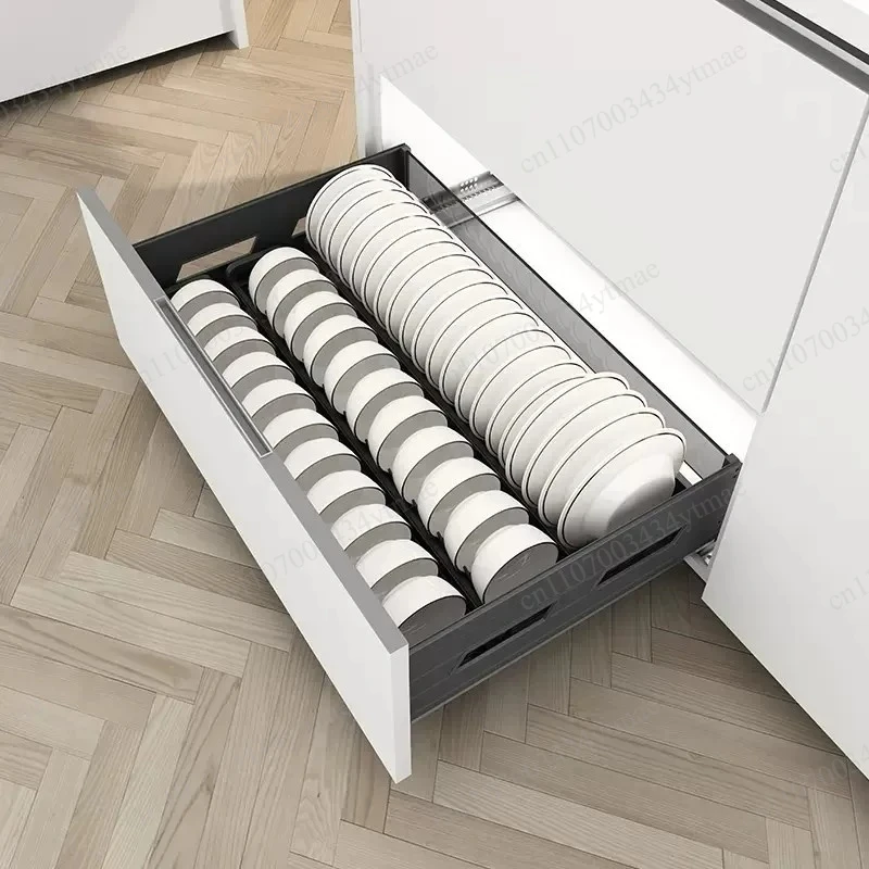 Thickened 3-Tier Pull Out Dish Storage Basket Drawer Type Bowl Organizer Rack for Kitchen Cabinet Storage