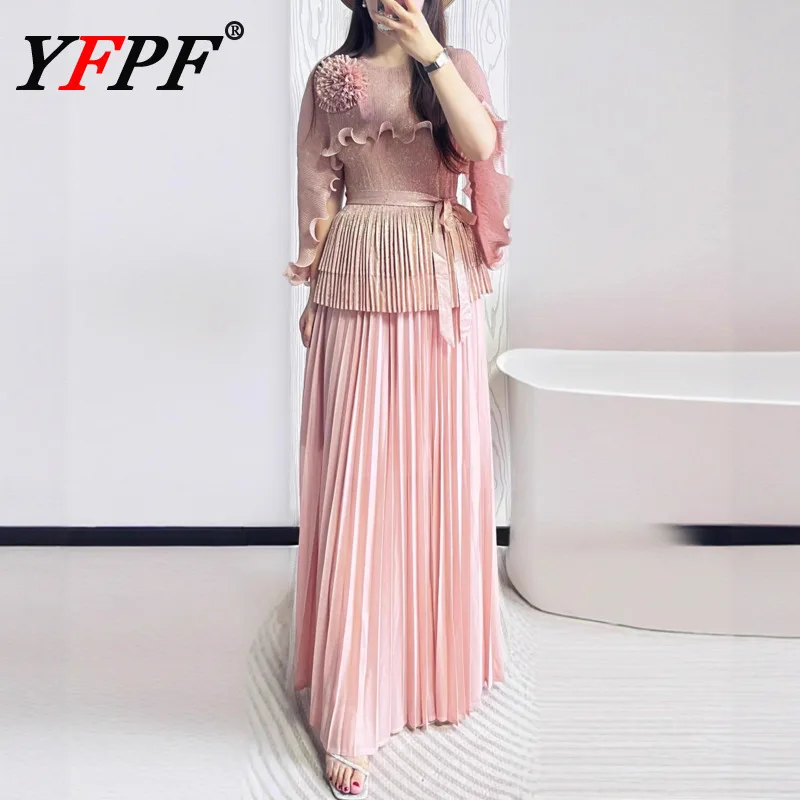 

YFPF Miyake Pleated Women Set Bronzing Design Ruffles Irregular Blouse Tops + Folds Long Skirt Elegant 2025 Fashion Clothing