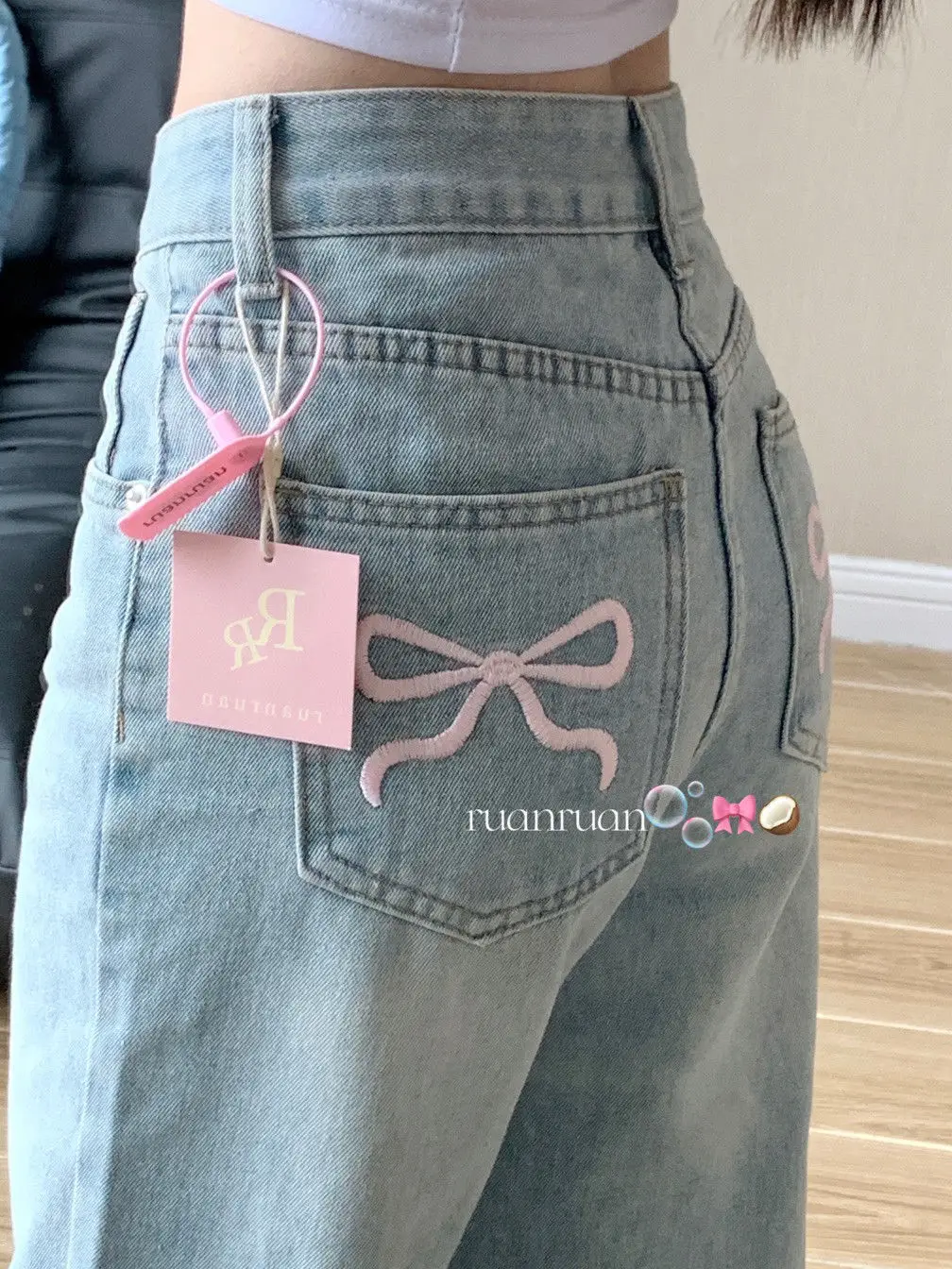 

Japan Women High Waist Blue Jeans Bow Embroidery Straight Denim Pants Spring Summer Chic Loose Casual Wide Leg Trousers