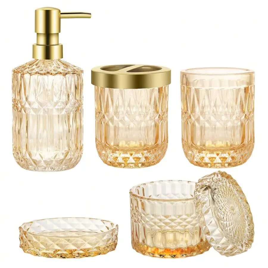 5Pcs Bathroom Accessories Set, Clear Glass Bathroom Set With Soap Dispenser & Soap Dish, Toothbrush Holder, Tumbler, Cotton Swab