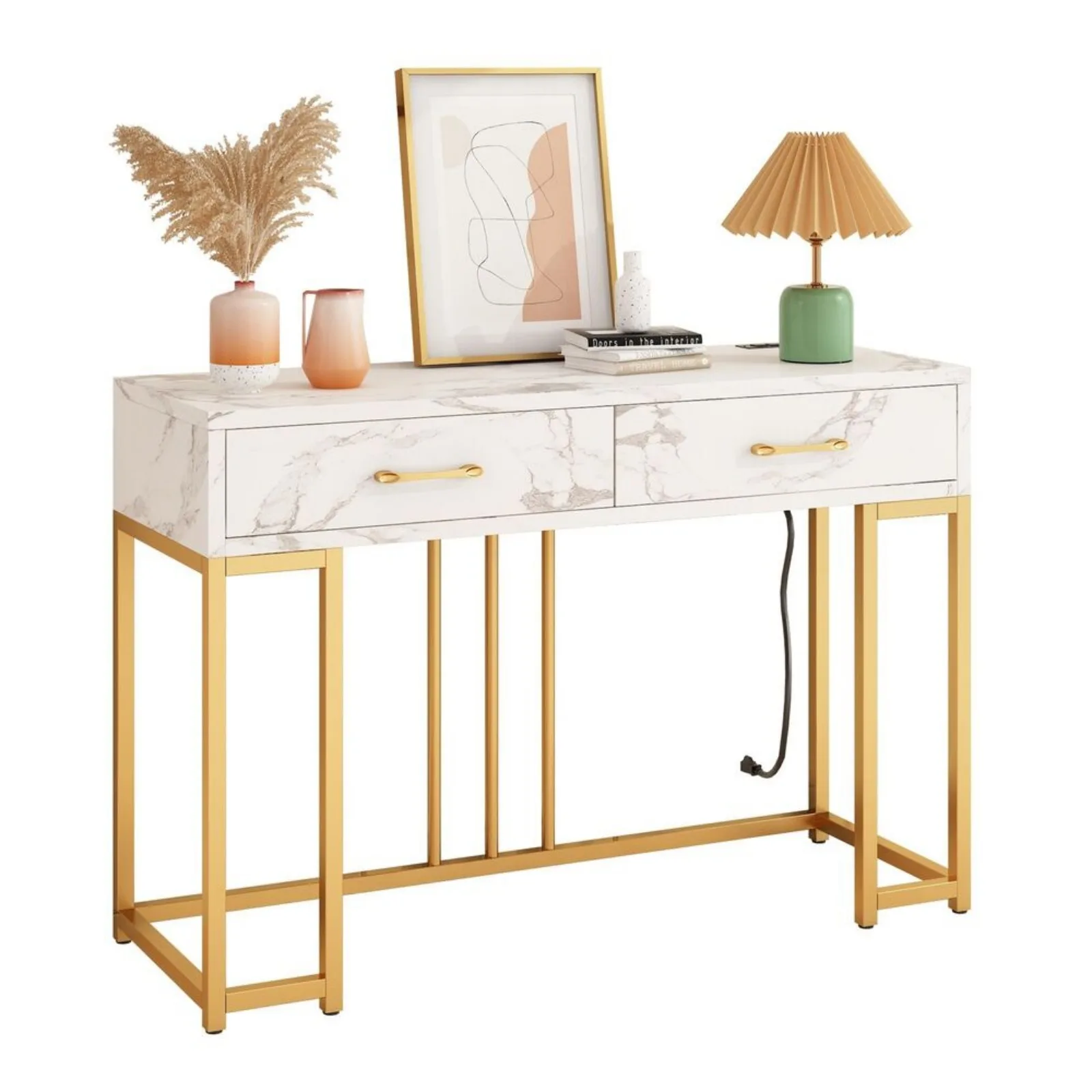 US 2-layer console table suitable for entrance, artificial marble, medium density fiberboard sofa table with gold frame