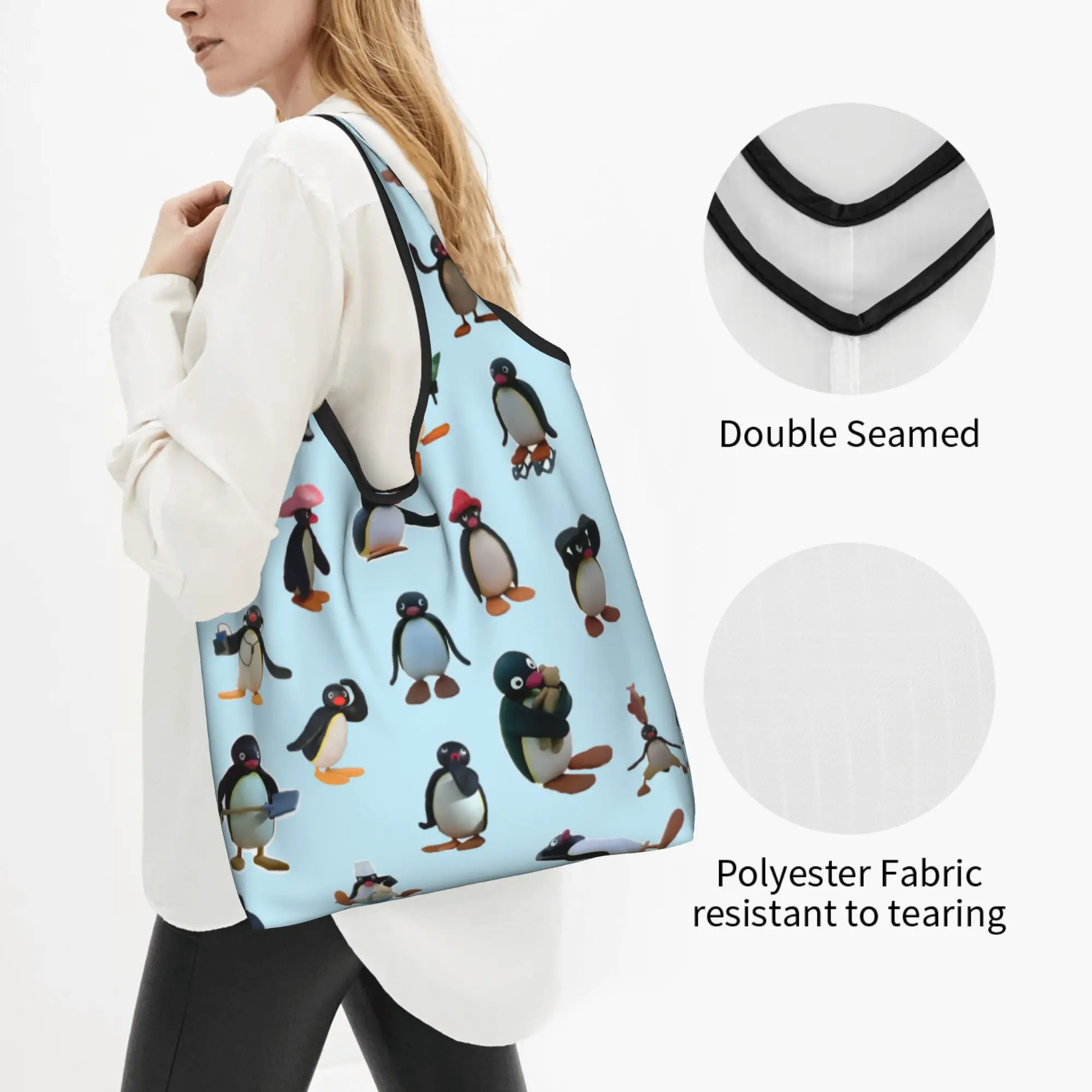 Custom Penguin Cartoon Manga Shopping Bag Women Portable Large Capacity Groceries Classic Tote Shopper Bags