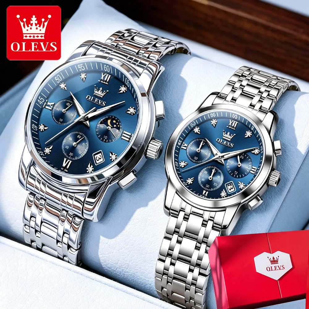 OLEVS Couple Watches Trend Fashion Fine Steel Original Quartz Wristwatch Multi-functional Chronograph Moon Phase Date Waterproof