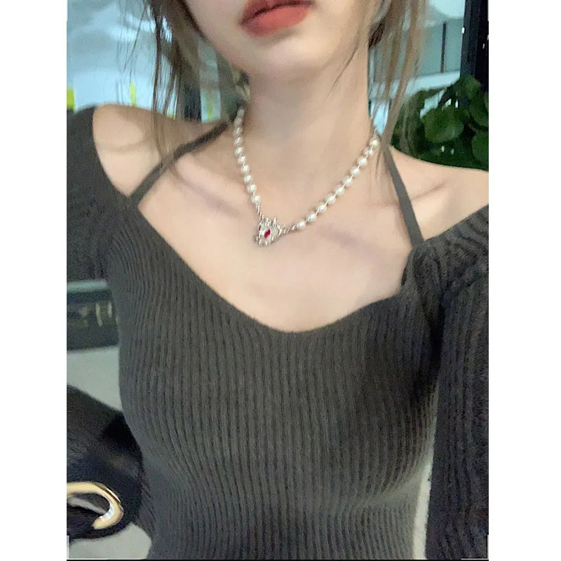 

ay V-Ne oulderBaring Knitted Sweater Women's Spring Inner Wear ort Slim Fit Top Ne Hanging Sle Korean Version