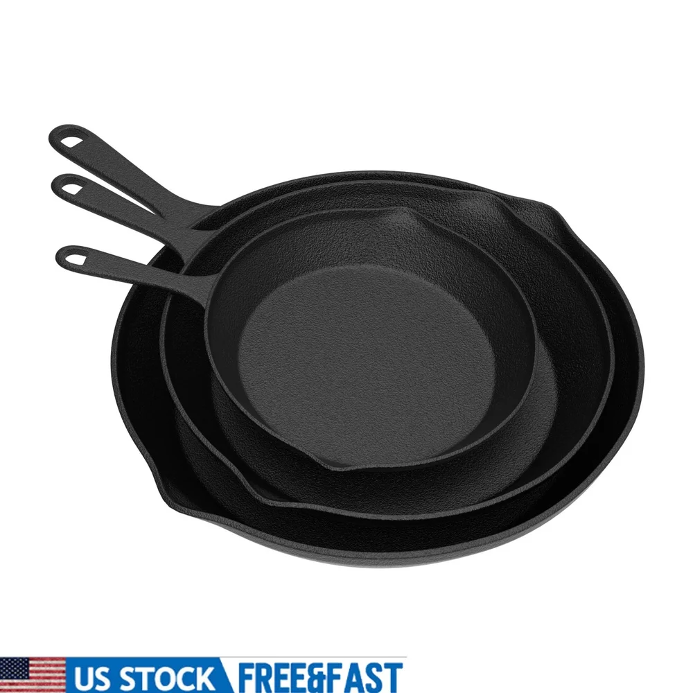

Cast Iron Skillet Frying Pan Set of 3 Pre-Seasoned Durable Cookware Ideal Oven Stovetop Grill Campfire Cooking