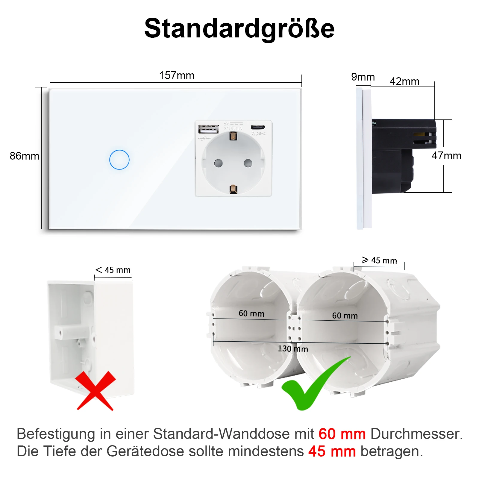 TOUCHMI Tuya Smart Stair Switches Interruptor 2way and WiFi Socket White Crystal Glass Panel Wall Sockets with USB Type-C