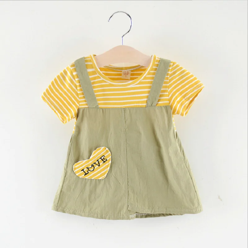 Summer girls short sleeved dress baby girl striped short sleeved solid color strap dress fake two pieces