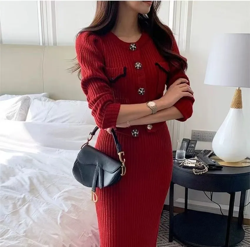 Chic France Vintage Women Knitted 2 Piece Set Autumn Winter Red Diamonds Button Cardigan Sweater +Bodycon Pencil Midi Skirt Suit