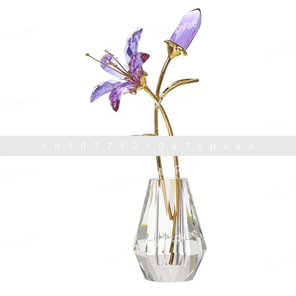 Crystal Lily Flower Figurine with Glass Vase Handmade Purple Lucky Flowers Collectible Wedding Bouquets for Home Party Decor