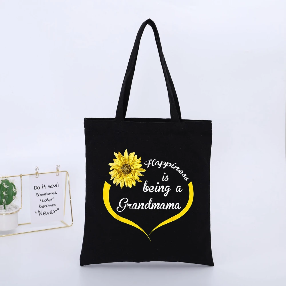 Grandma's Sunflower and Heart Design Canvas Tote Bag, Casual Style for Daily Shopping