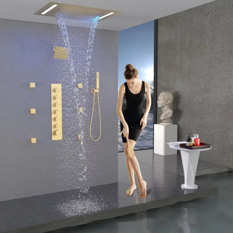 Brushed Gold Ceiling Mount LED 14x20inch and 6inch Double Shower Heads Full Body Smart Thermostatic Rainfall Shower System