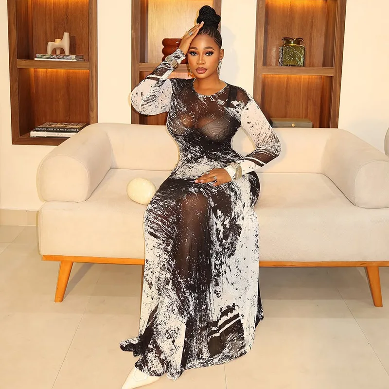 Sister Star Women Dress Printed Elegant Straight Bodycon Dress Fashion Color Block Round Neck Long Sleeve Dress Outfit Vestidos