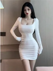 2023 Spring Women's New Sexy Spice Girls foundation Square Neck Long Sleeve Slim Solid Color Fashion Wrap buttocks Dress F0RZ