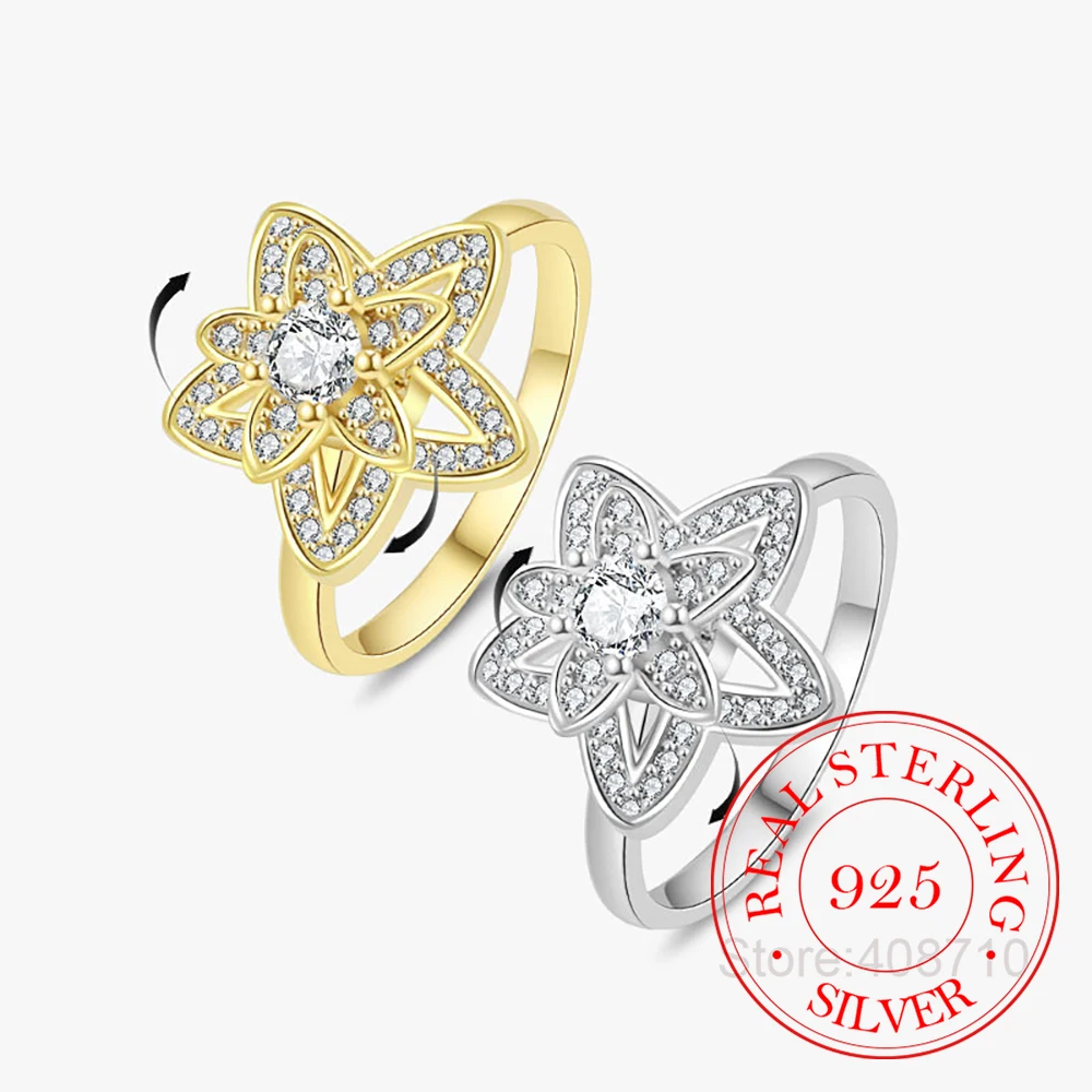 925 Sterling Silver Jewelry Luxury Crystal Double Layer Star Spinner Finger Rings for Women Wedding Party Jewelry Christmas Gift