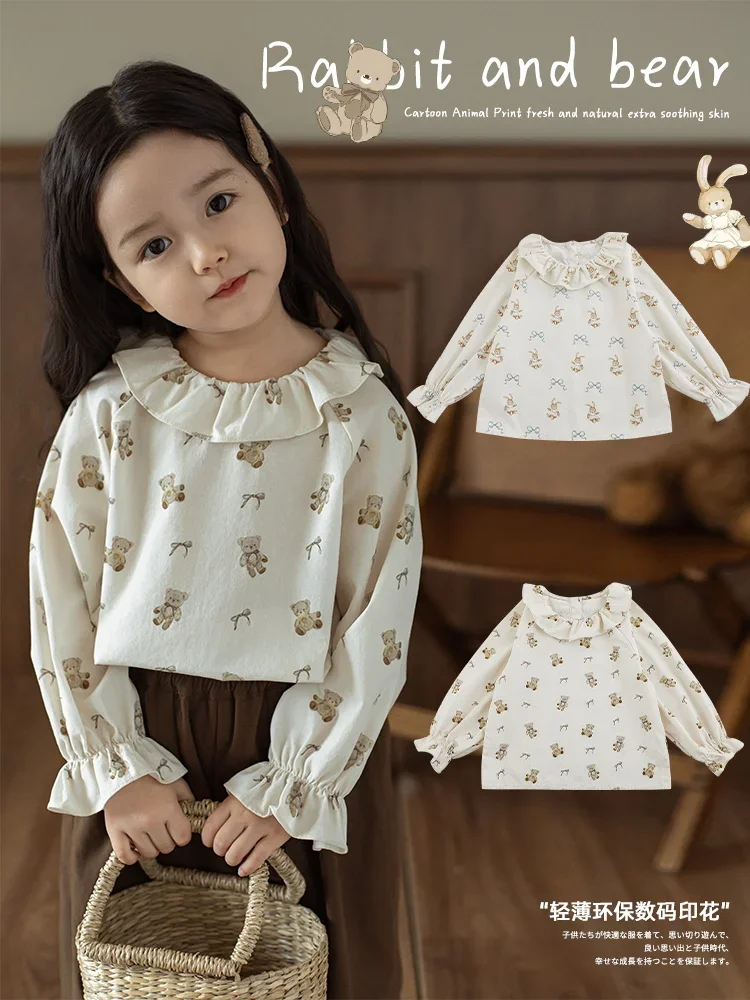 Girl\'s Animal Printed Shirt Autumn 2024 Vitality Cute Soft Lotus Leaf Lapel Shirt Trendy