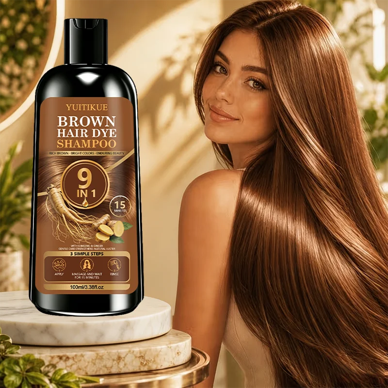 YUITIKUE 9 in 1 Brown Hair Dye Shampoo 100ml Ginseng Ginger Herbal Color Nourishing Care for Women Men - view 5