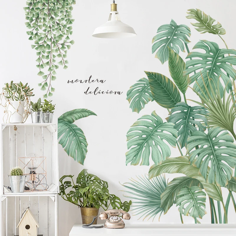 Creative large leaf green plant decoration for living room, bedroom, room, self-adhesive and removable PVC wall stickers