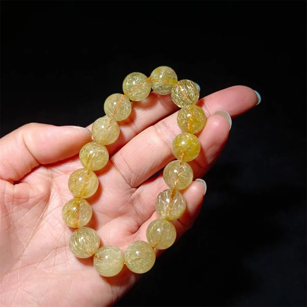 12.5MM Natural Gold Rutilated Quartz Bracelet Women Trendy Reiki Healing Elastic Yoga Energy Wristband Jewelry Gift 1pcs