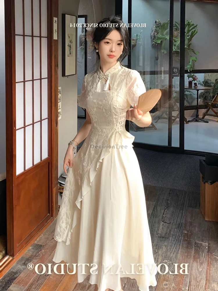 

2025 improved chinese style tassel-embroidery cheongsam dress for women summer irregular design long elegant fashion qipao dress