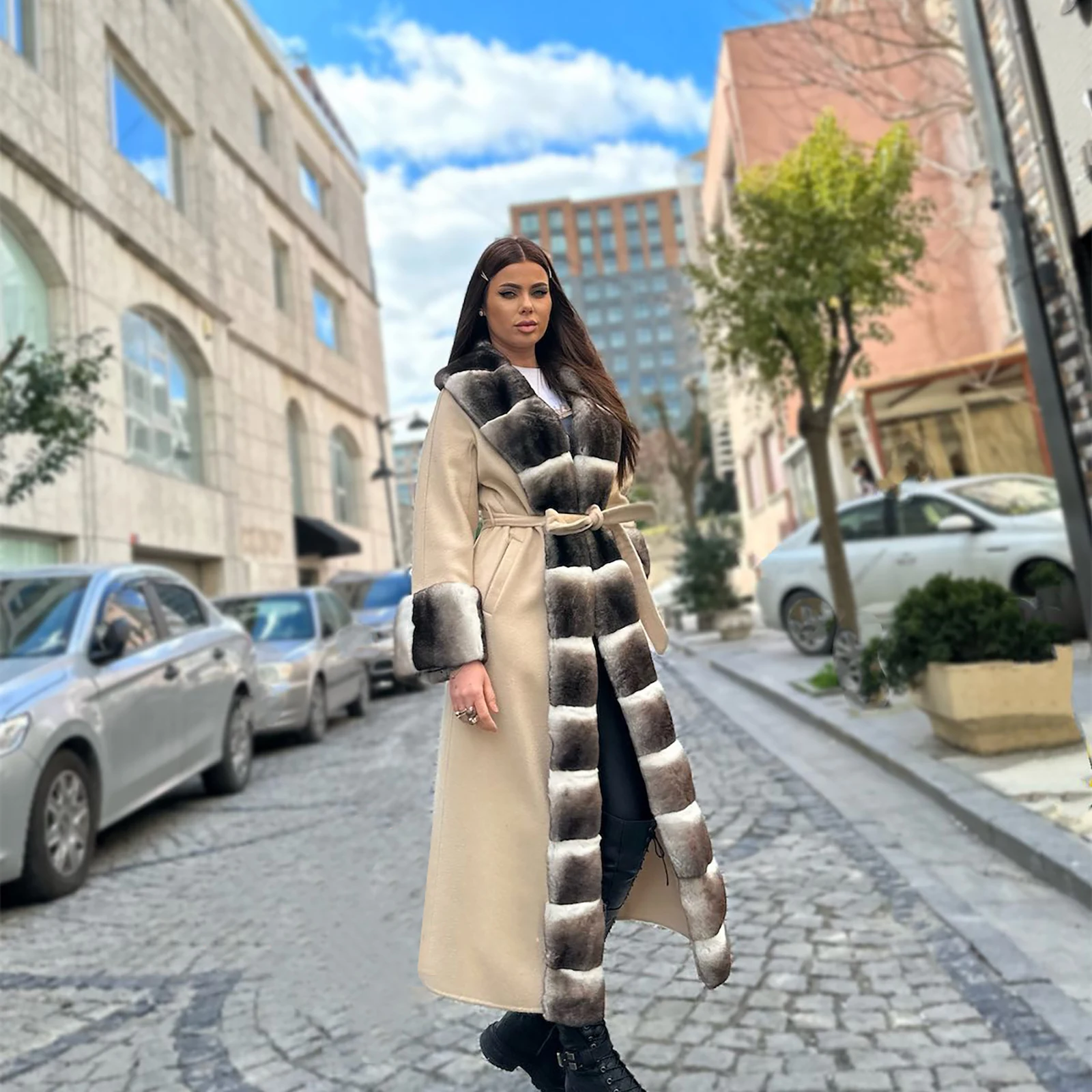 Casual Wolle Mischung Jacken Frauen Natürliche Rex Kaninchen Pelz Kragen Kaschmir Mantel Outwear Winter Mode Kaninchen Fell Wolle Mischungen Mäntel