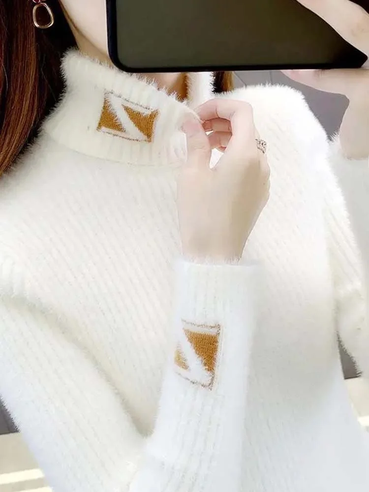 Autumn Winter High Neck  Color Thickened Knitted Long Sleeve Sweater Women's All-Match Base Shirt Soft Comfortable Fabric