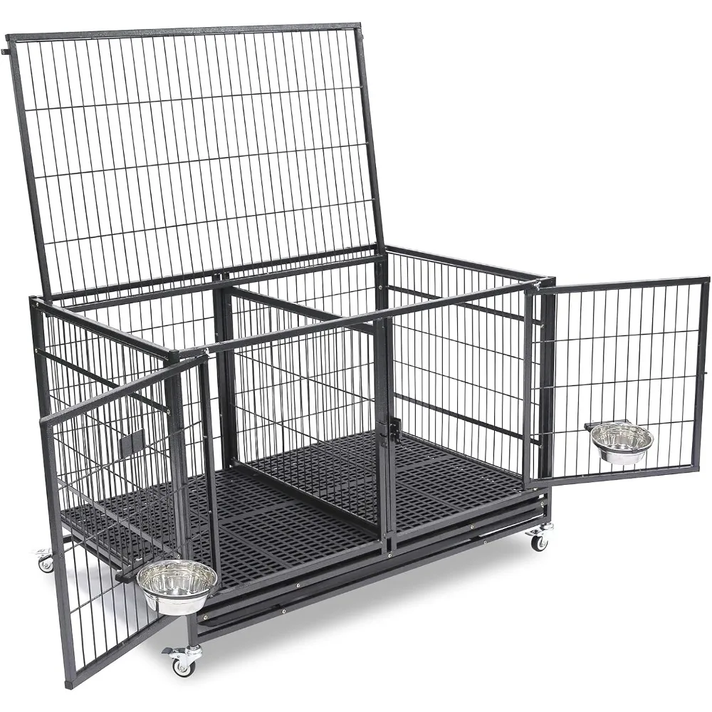 

Open Top Stackable Heavy Duty Dog Cage w/Floor Grid, Tray, Divider, and Feeding Bowl