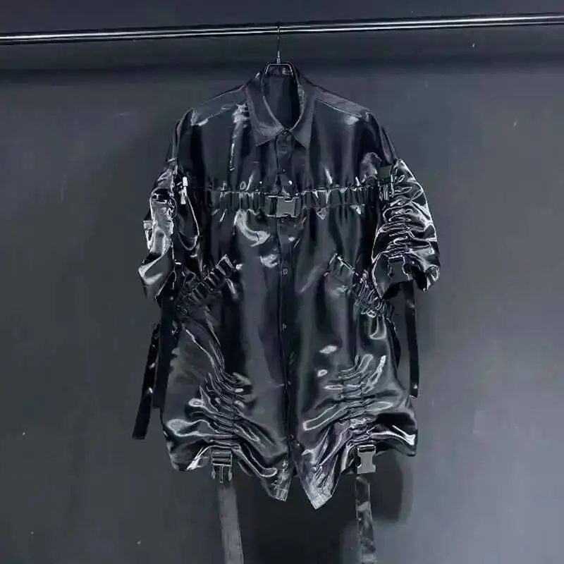 Motorcycle Futurist Eye-splice Shirts For Men Short Sleeve Single Breasted Pleated Design Tops Haute Quality Autumn VFR56