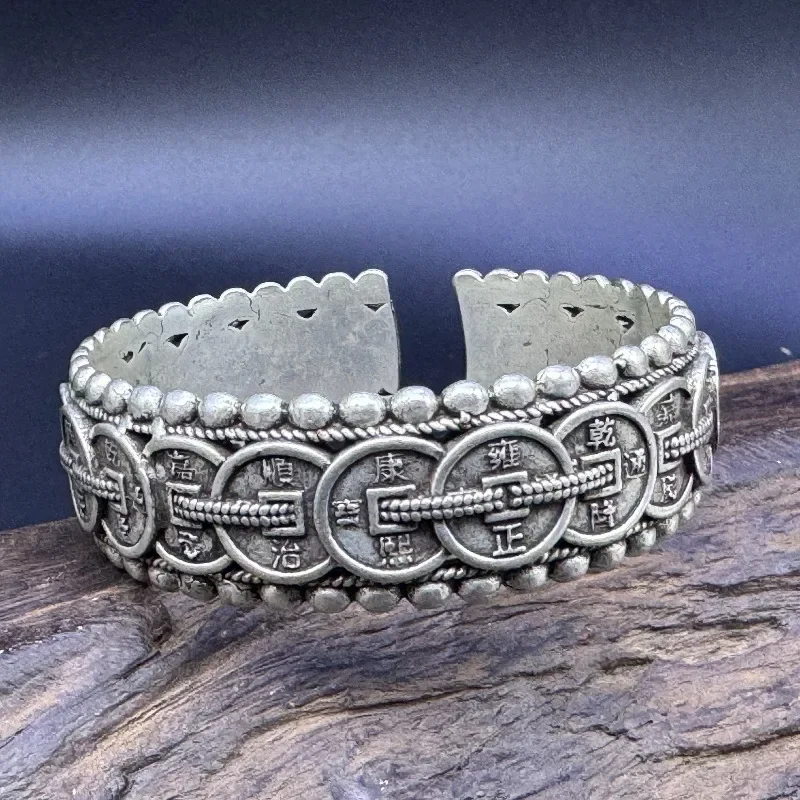 Vintage Antiqued Silver Open Bangle, Filigree Flower Beadwork Ethnic Retro Oversized Wrist Ornament