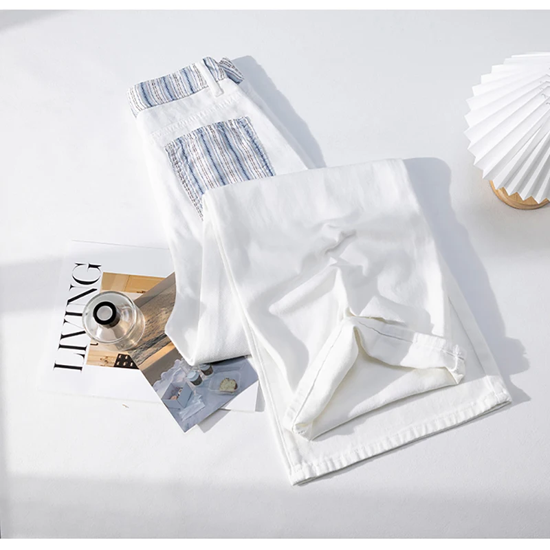 Branco perna larga jeans para mulheres verão fino casual solto listrado bolso denim calças moda cintura alta em linha reta calças finas