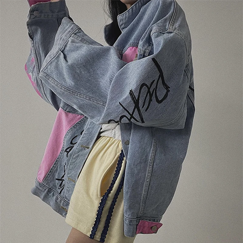 Jean Jackets Spring Pink Letter Embroidery Korean Baggy Women Denim Jacket Ladies Oversized Fashion Casual Tie Dye Denim Coat