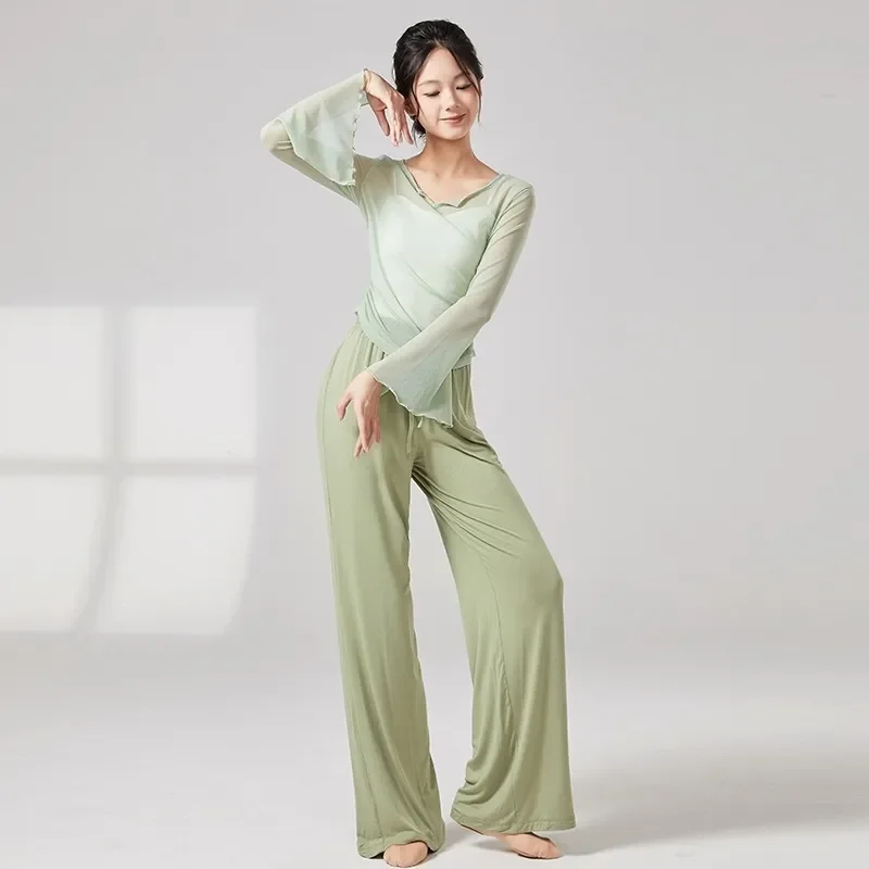 Women's 2-Piece Dance Outfit Flowy Sheer Mesh Top and Wide Leg Pants for Classical/Modern Dance & Yoga