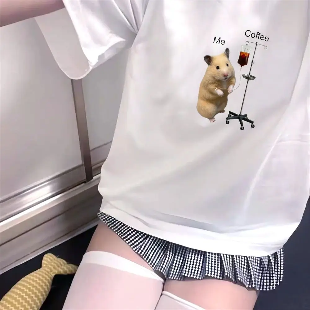 Camiseta divertida con gráfico de meme de hamster y café para mujer, ropa estética de verano de manga corta con estampado, promocional, con muchas reseñas coreanas.