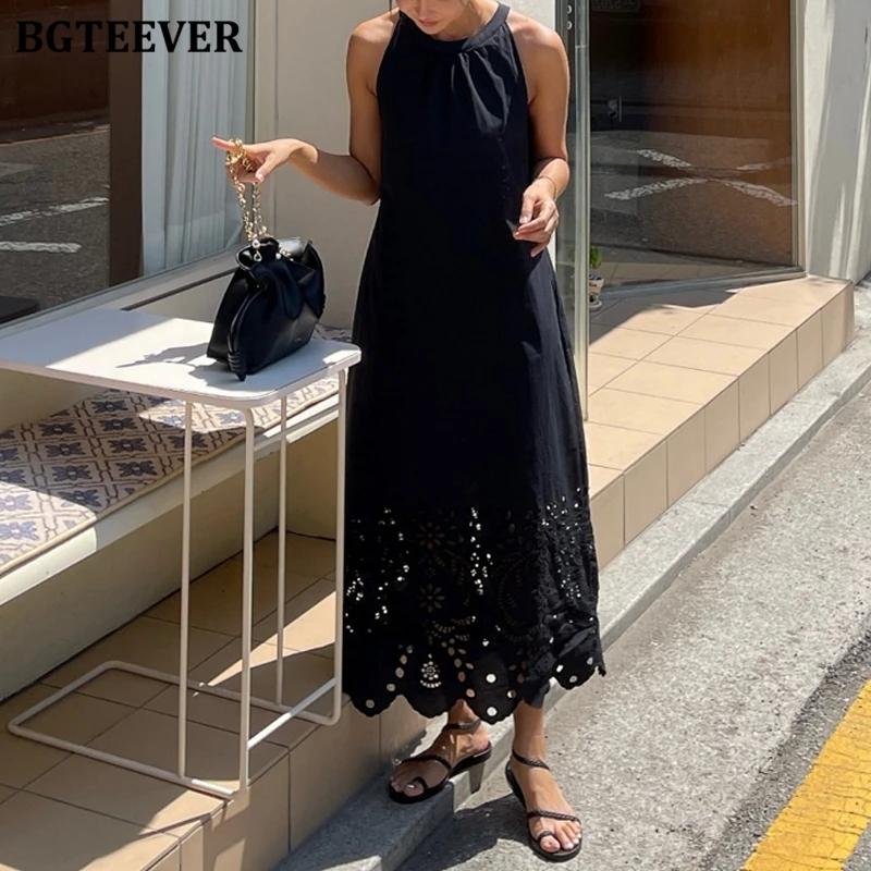 

BGTEEVER Summer Elegant Halter Women Hollow Out Lace Dress Stylish Loose Female Sleeveless A-line Vest Dress