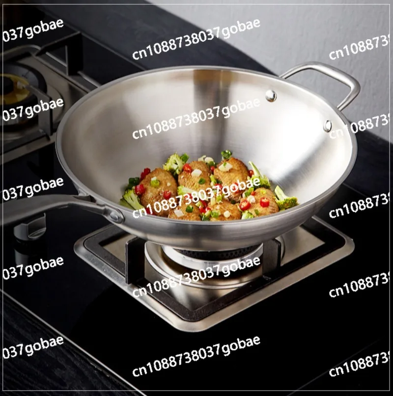 304 Binaural Stainless Steel Wok Non-stick Flat Bottom Less Oil Fume Uncoated Food Grade Pot