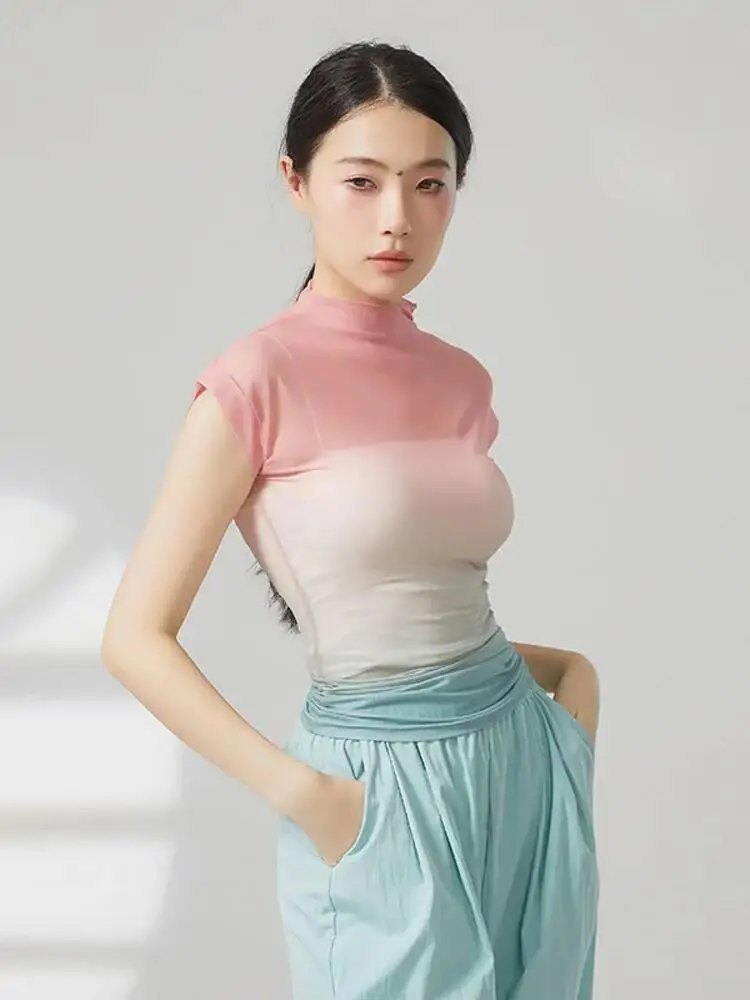 Manga curta gradiente malha dança topo gola alta ver através blusa para mulheres jazz contemporâneo palco prática roupas