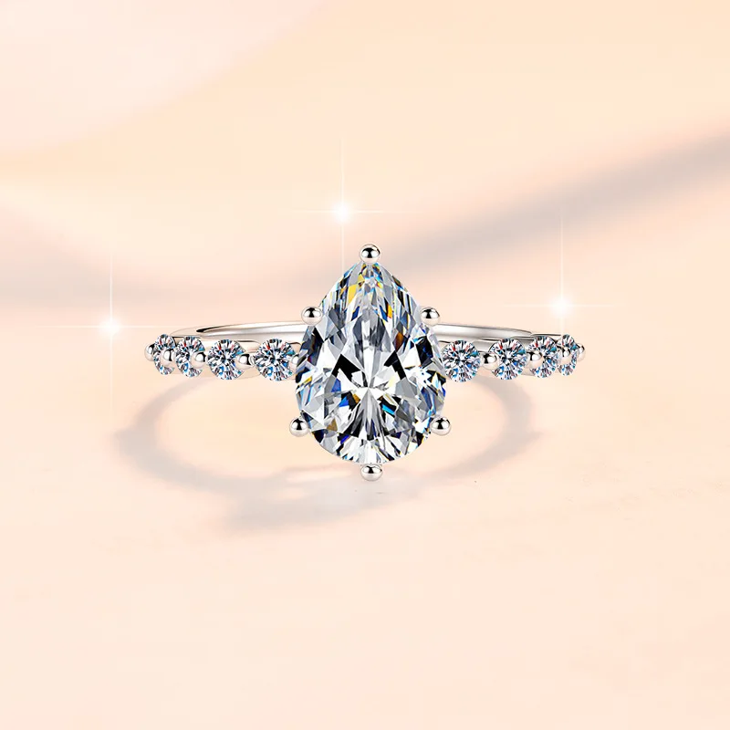 Reinforced prong structure locks 5ct moissanite for womens six-prong pear ring within scratch-resistant PT950 platinum shell