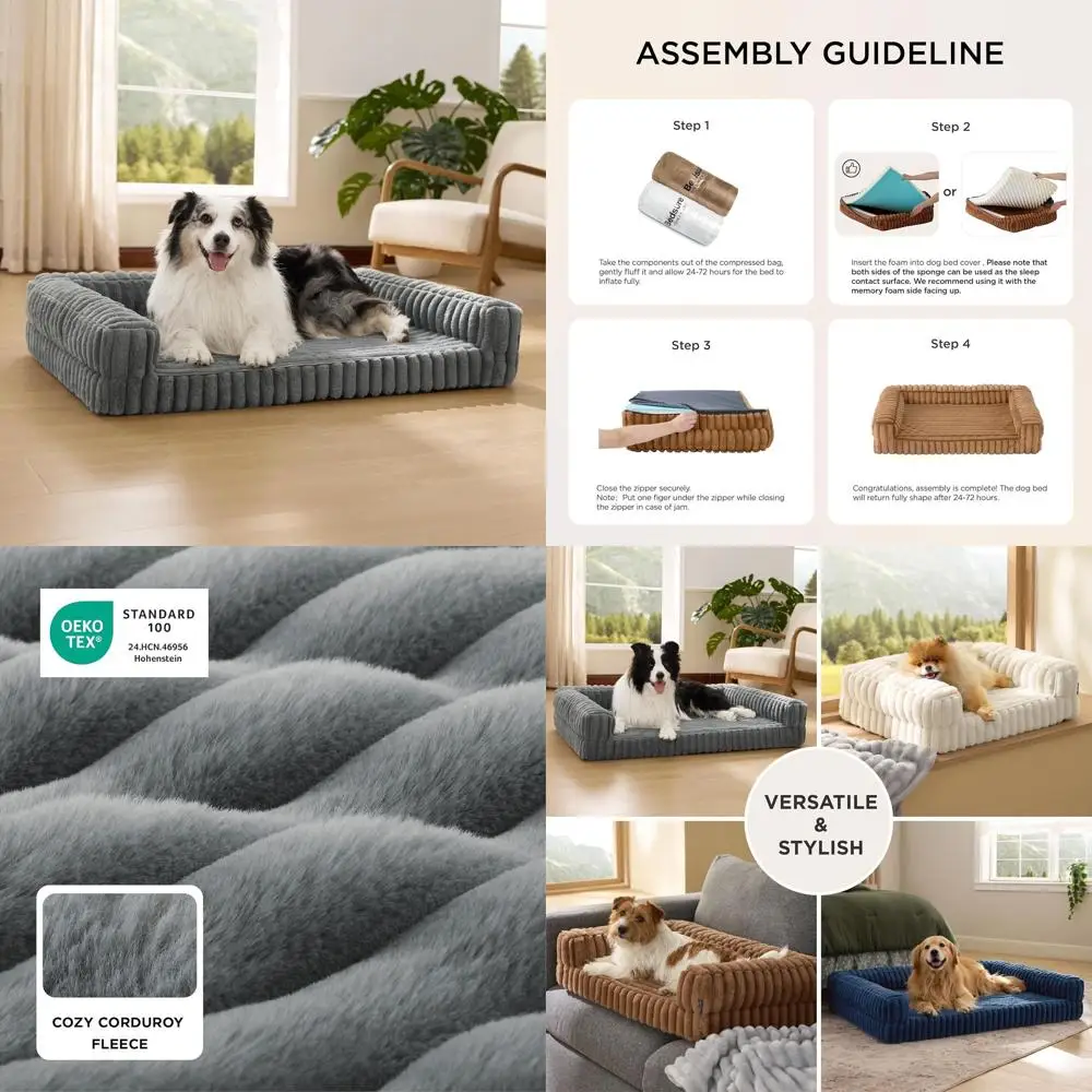 

Ортопедическая водонепроницаемая лежанка XL для собак с эффектом памяти, нескользящая, со съемным чехлом для крупных собак, серая