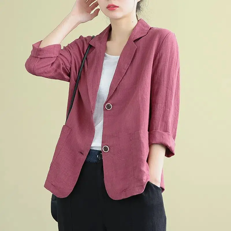 Elegante giacca da donna in cotone tuta allentata estiva giacca da lavoro retrò giacca Casual autunno risvolto manica lunga tinta unita OL Blazer