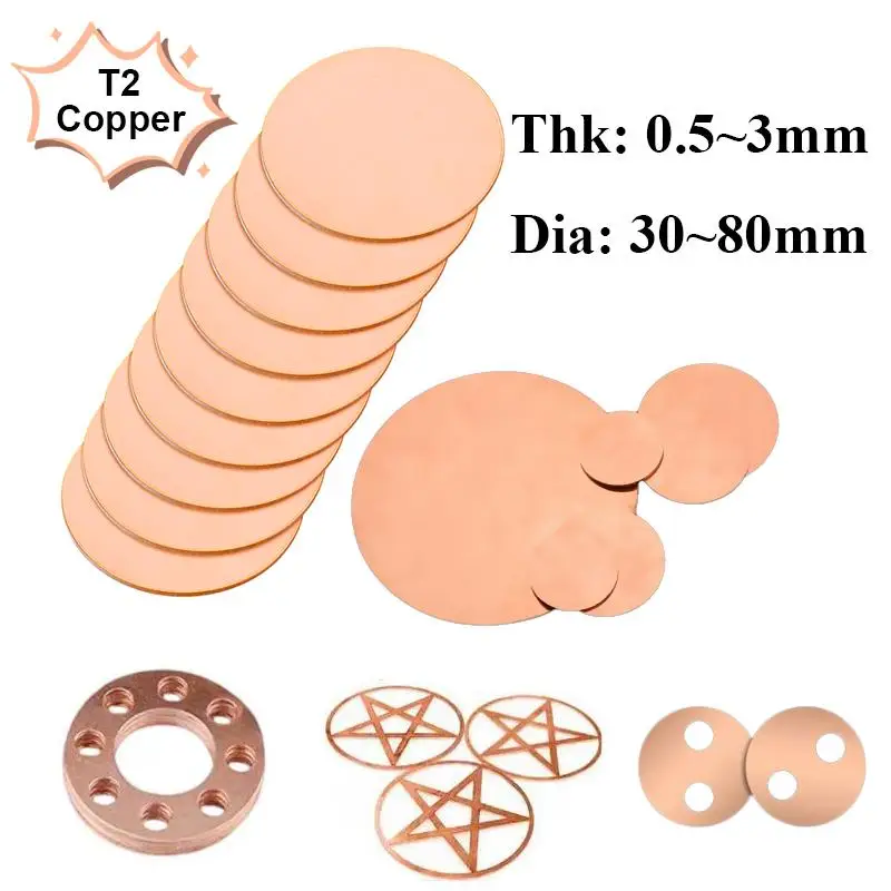 T2 Copper Disc Pure Copper Round Plate Circular Sheet Thickness 0.5mm - 3mm Diameter 30mm 50mm 60mm 80mm