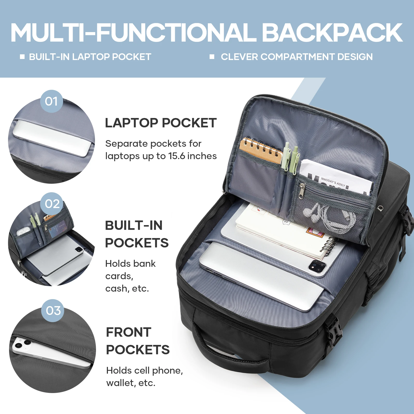 Ryanair 40x20x25 Luggage Cabin Bag, 40x30x20 Bag Men Women 15.6inch Laptop Bag Business  Travel Backpack，College School Backapck