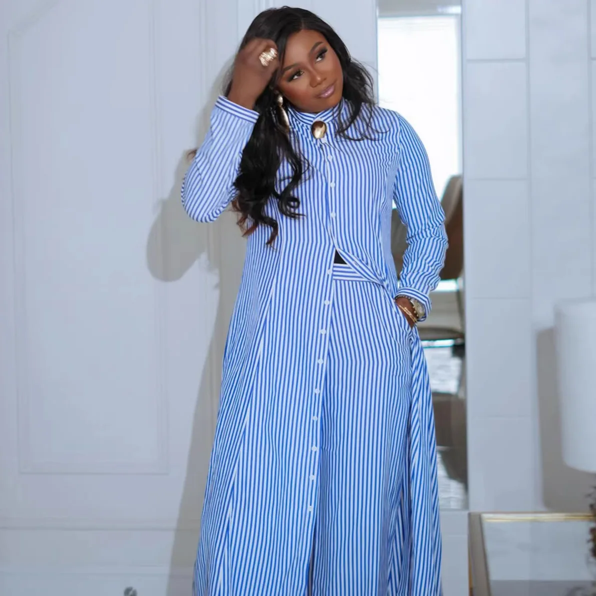 

Two Piece Sets Women Pant Set Turn Down Collar Mid Length Shirt Striped Long Pants High Waist Y2k Streetwear Elegant Casual