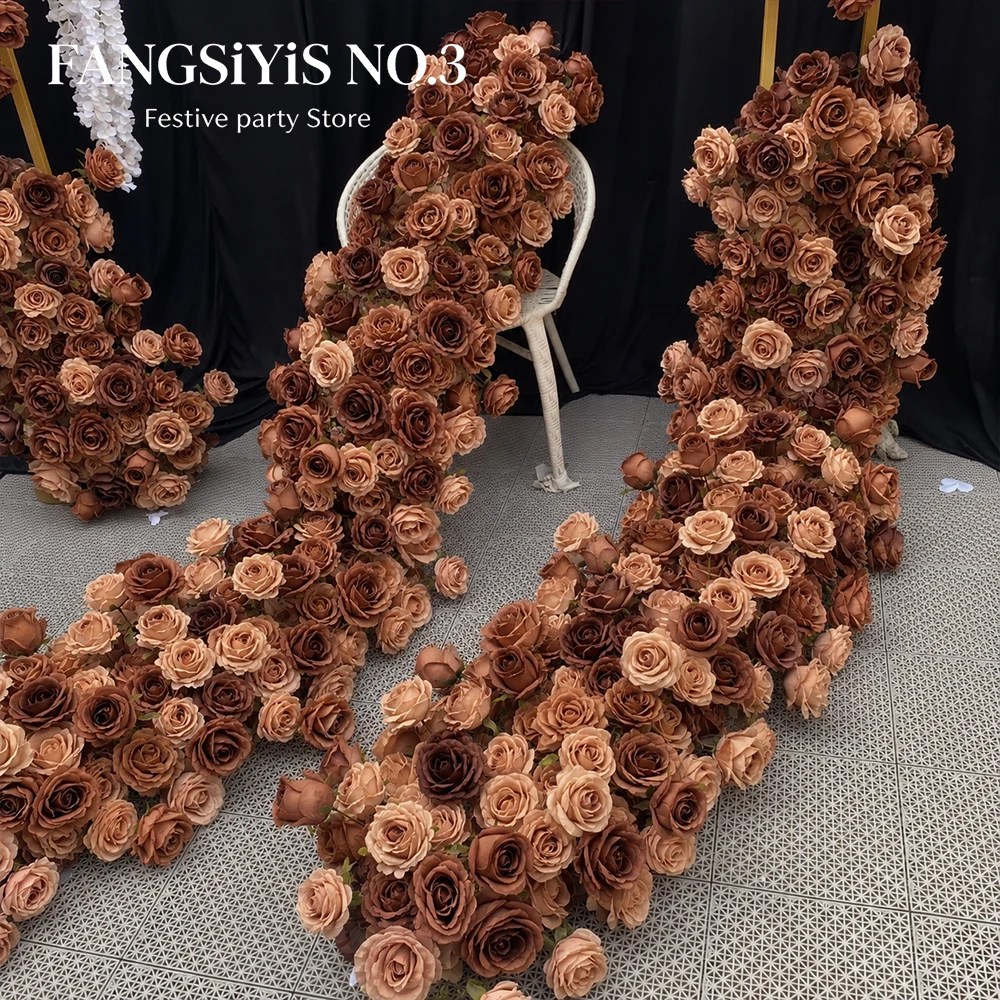 1/2/3m Luxury Vintage Coffee Brown Rose Artificial Flower Row, Silk Fake Rose for Wedding Backdrop, Party Stage Photo Booth Deco