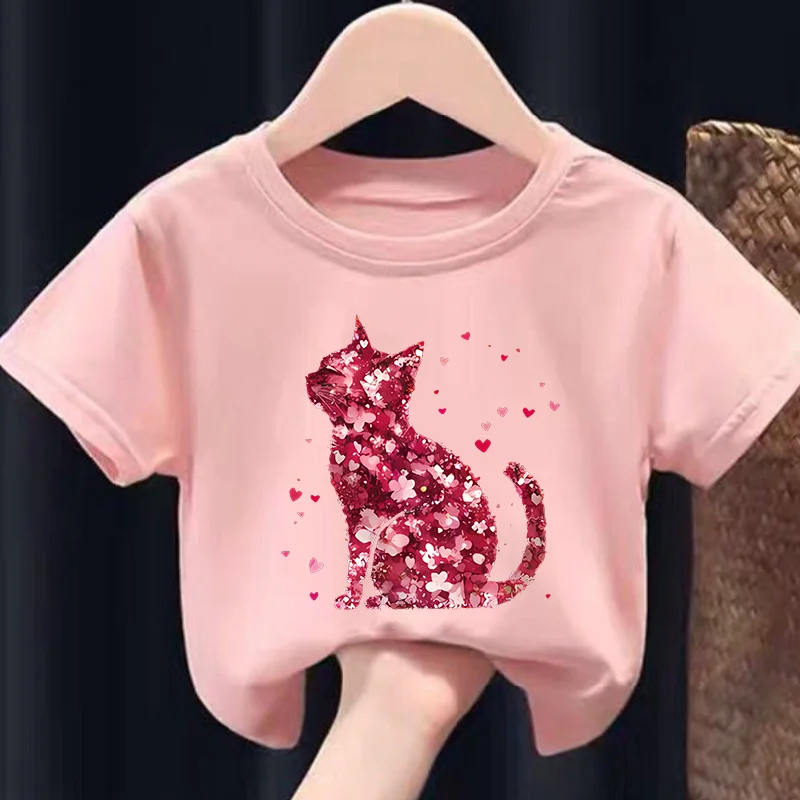 

Girls' Short-Sleeved T-Shirt Summer Pink Cat Design Children's Wear Half-Sleeved Top for Kids' Summer Fashion Fashion summer pol