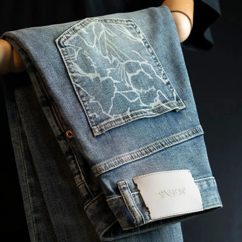 

Men's Vintage Washed Denim Jeans, Patterned Streetwear Pants with Retro-Style Back Pockets, Classic Cotton Jeans for Daily Wear,
