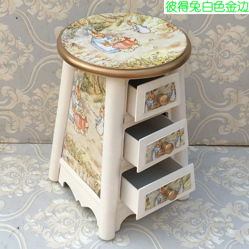 Armazenamento de madeira maciça Stool, fezes redondas, três gavetas Stool, mobiliário de estilo europeu e coreano, Pastoral Dressing Stool, 45 alta