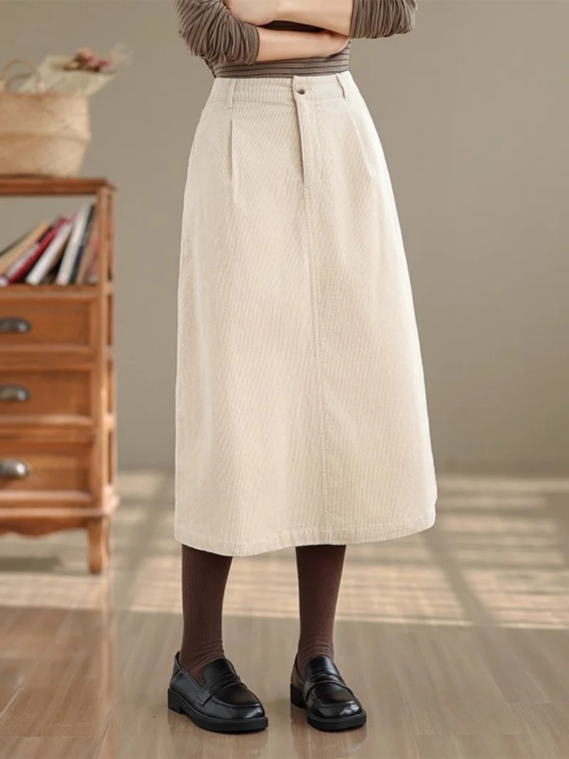 Retro Koffie Gekleurde Corduroy Midi Rok Voor Vrouwen Herfst Winter Hoge Taille Slanke Losse Temperament Veelzijdige A-lijn Rok W1209