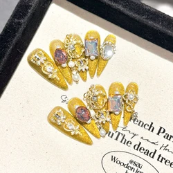 10pcs Gold Luxury Handmade Fake Nail Tips Flash Diamond Crown Big Pearl Designs Press On Nails Long Pointed Cool False Nails