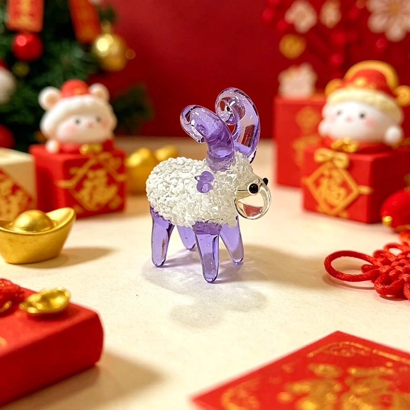 Handmade Cute Murano Glass Sheep Figurine Mini Zodiac Animal Statue Craft Ornament for Indoor Room Home Desktop Decor Collection