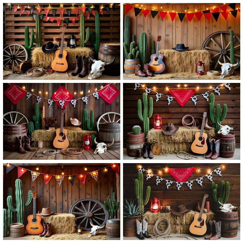 

Western Farm Decor Backdrop Photography Cowboy Cowgirl Wooden Door Barn Cactus Guitar Baby Photo Photographic Background Props