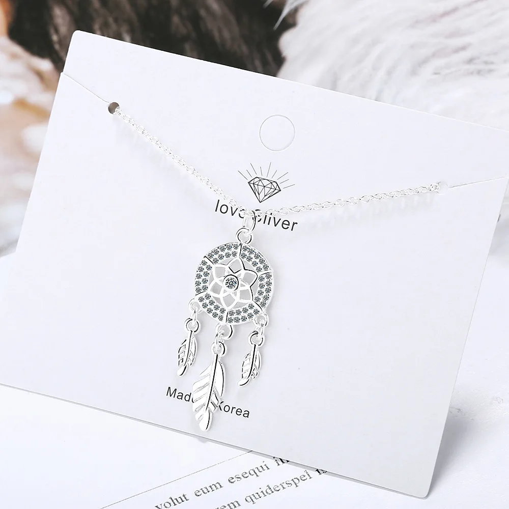 S925 Sterling Silver Dream Catcher Necklace For Women Simple Carved Zircon Clavicle Necklace